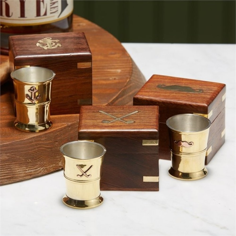 Brass Shot Glass in Wood Gift Box — Mustache Design